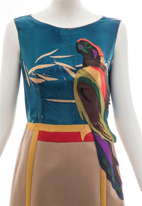 Prada Sleeveless Silk Dress With Applique Parrot Motif  